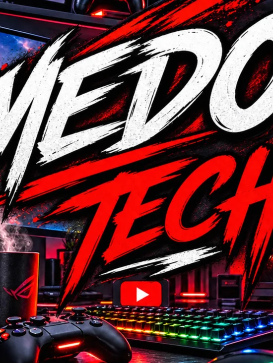 MedoTech artwork, a gaming desk with the name in red and white